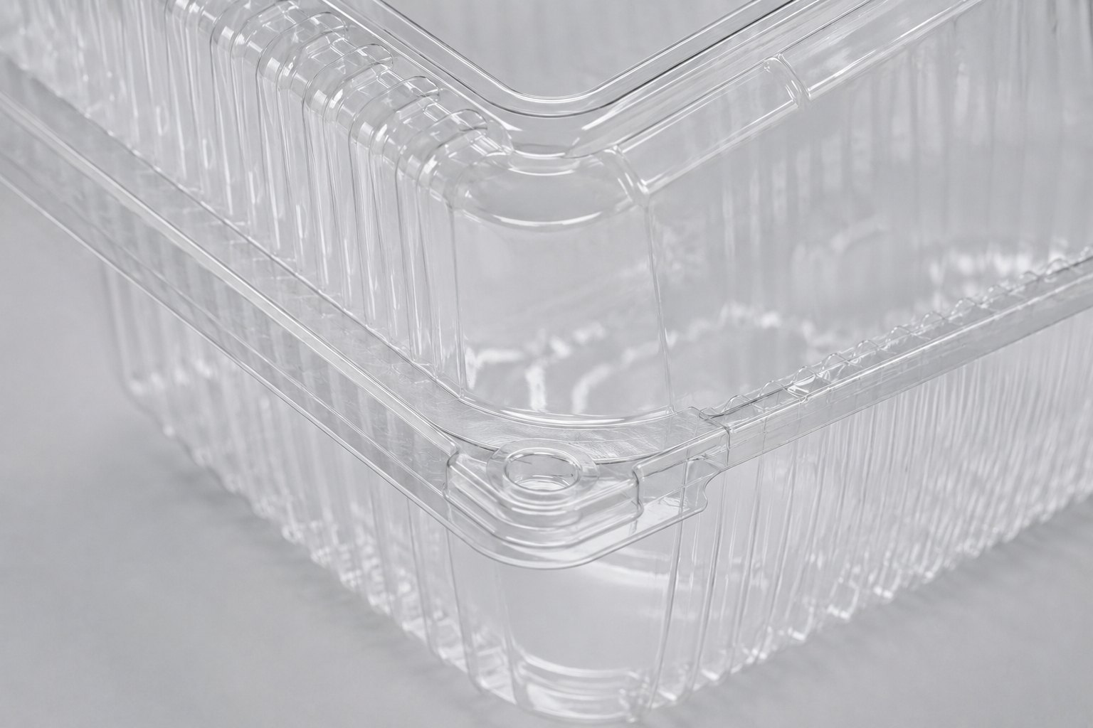 Close-up detail of clear thermoformed food container structure