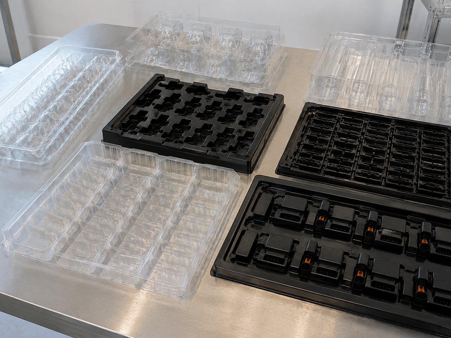 Custom blister tray samples with clear and black thermoformed structures