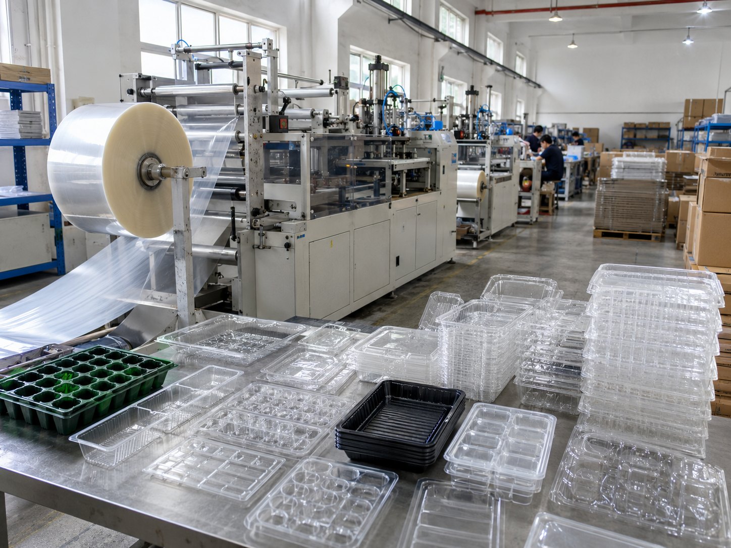 Thermoforming packaging factory workshop with clear plastic trays and sheet material