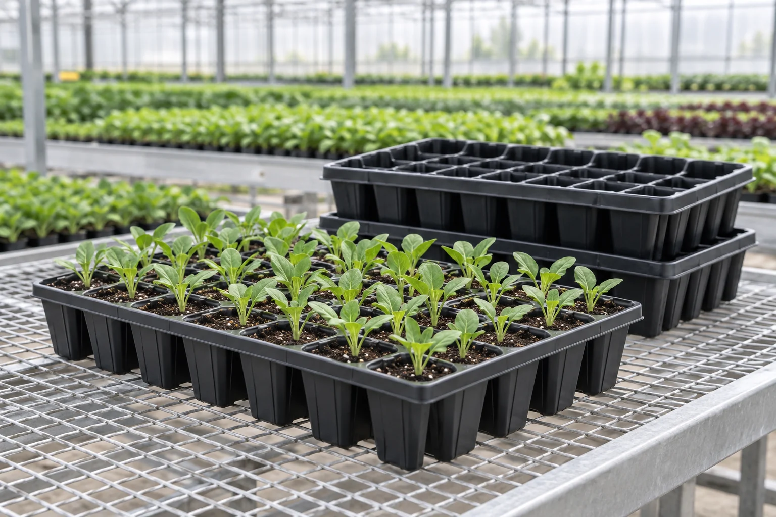 Black thermoformed nursery trays with seedlings
