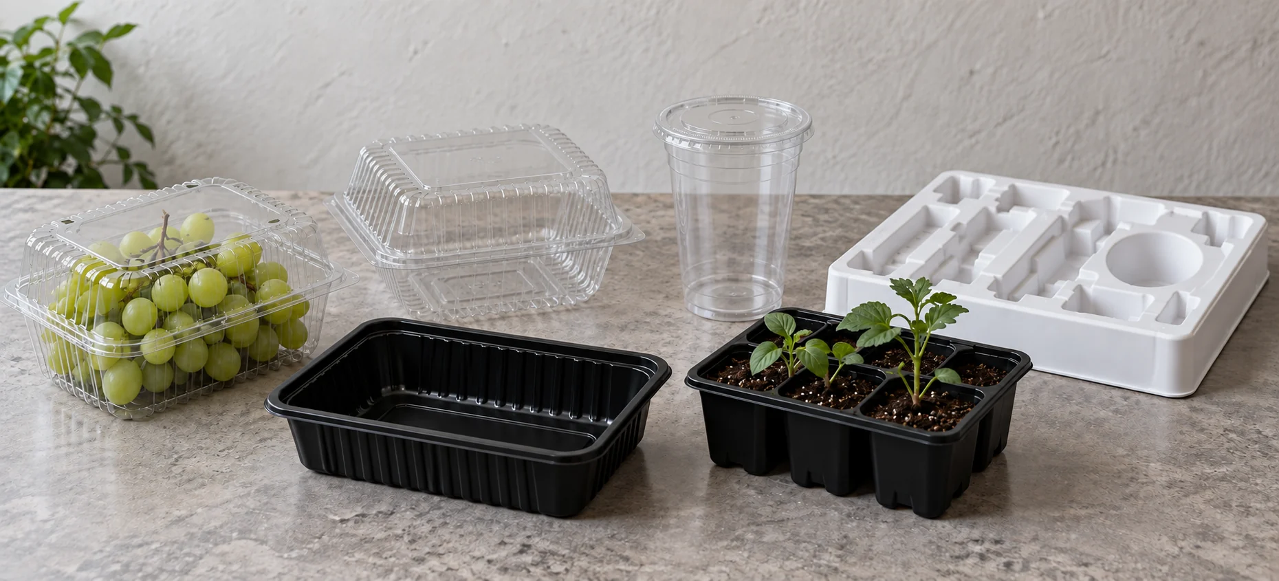 Clear PET fruit and food containers, a PET cup, food tray, nursery tray and custom thermoformed component tray
