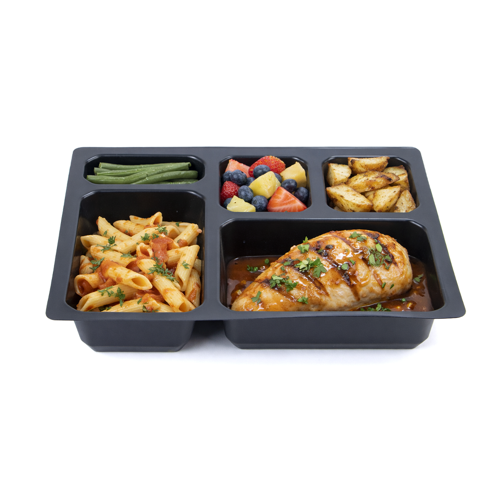 Five compartment food tray reference with prepared meal