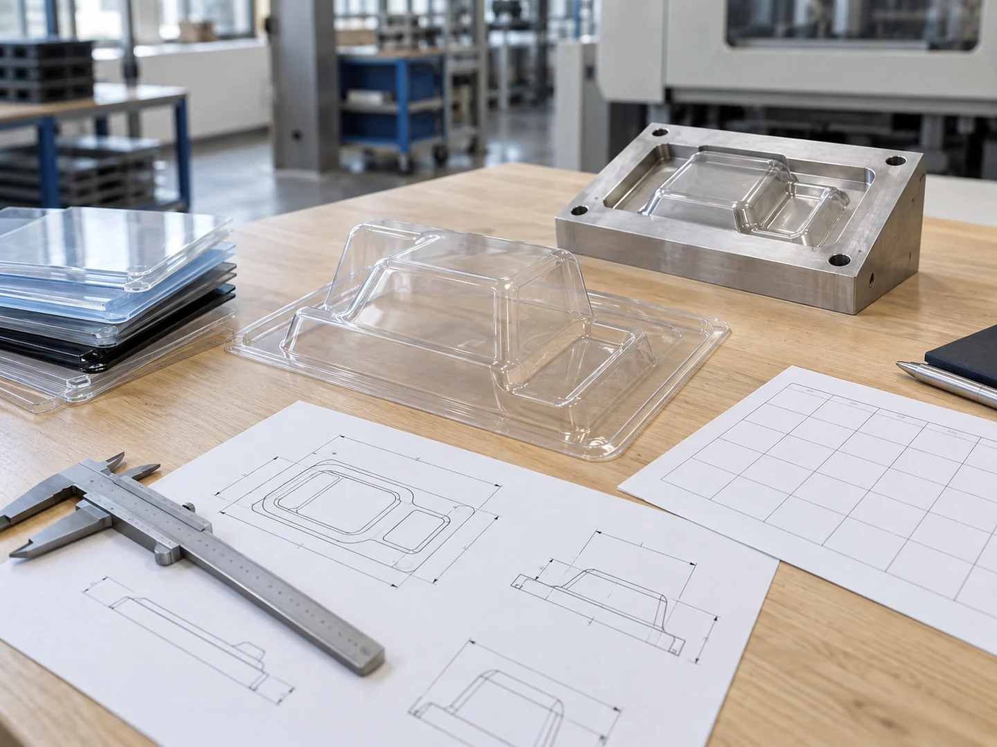 Thermoforming packaging project planning with drawings and samples