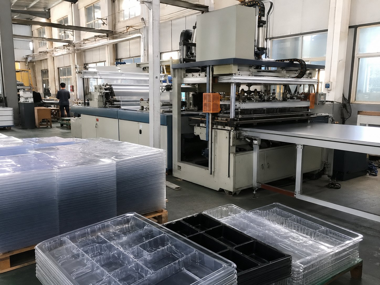 Thermoforming machine workshop with clear plastic packaging trays